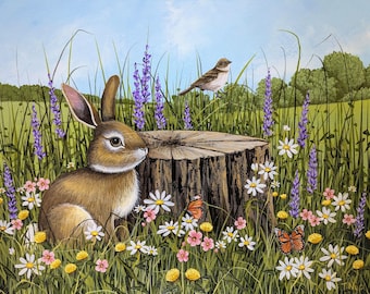 Original Spring Rabbit in Field of Flowers Painting on 16x20 Stretched Canvas