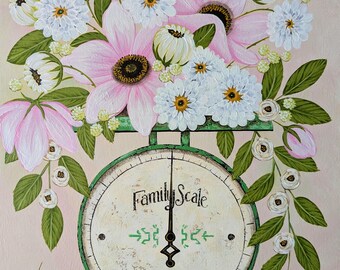 Original Vintage Scale and Floral Painting on 16x20 Stretched Canvas