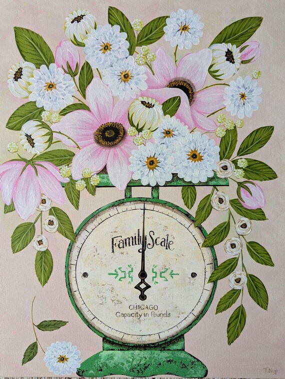 Original Vintage Scale and Floral Painting on 16x20 Stretched Canvas