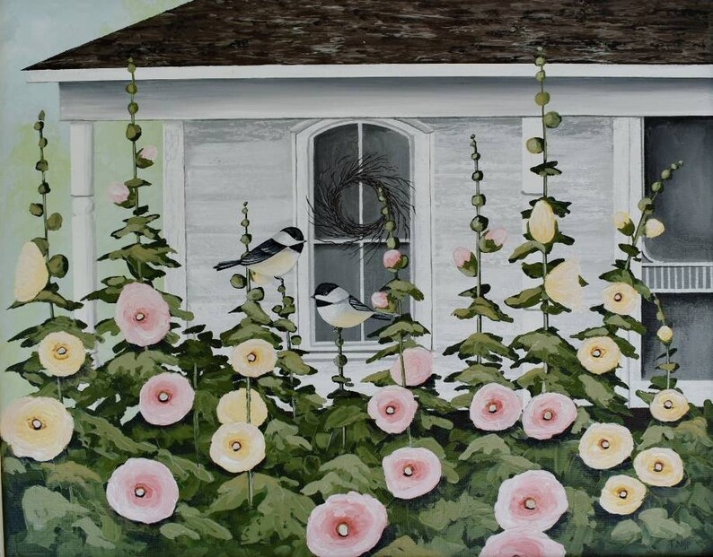 Original Acrylic Painting Front Porch and Hollyhocks Painting Farmhouse Style Painting