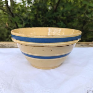 Vintage Antique Yellow Ware Mixing Bowl with Blue Stripe, Cottagecore Kitchen, Cottagecore Decor