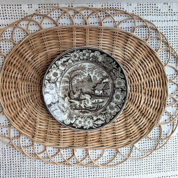 Antique Brown Transferware Plate, Cottagecore Kitchen Decor, 7" Wild Rose
