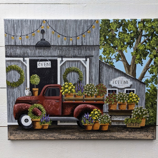 Original Acrylic Red Truck Painting With Flowers , Flower Shop Painting, Barn Painting