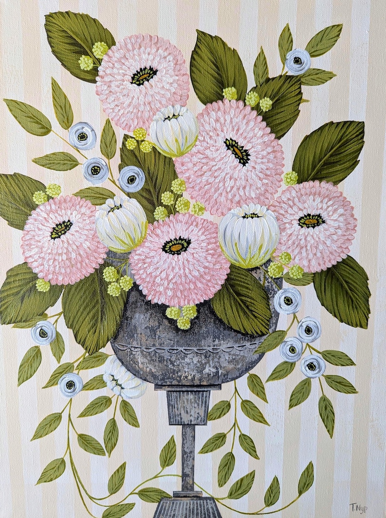 May include: An original painting of a floral arrangement in a gray urn. The arrangement features pink, white, and blue flowers with green leaves. The background has vertical beige and white stripes. The painting is signed in the bottom right corner.