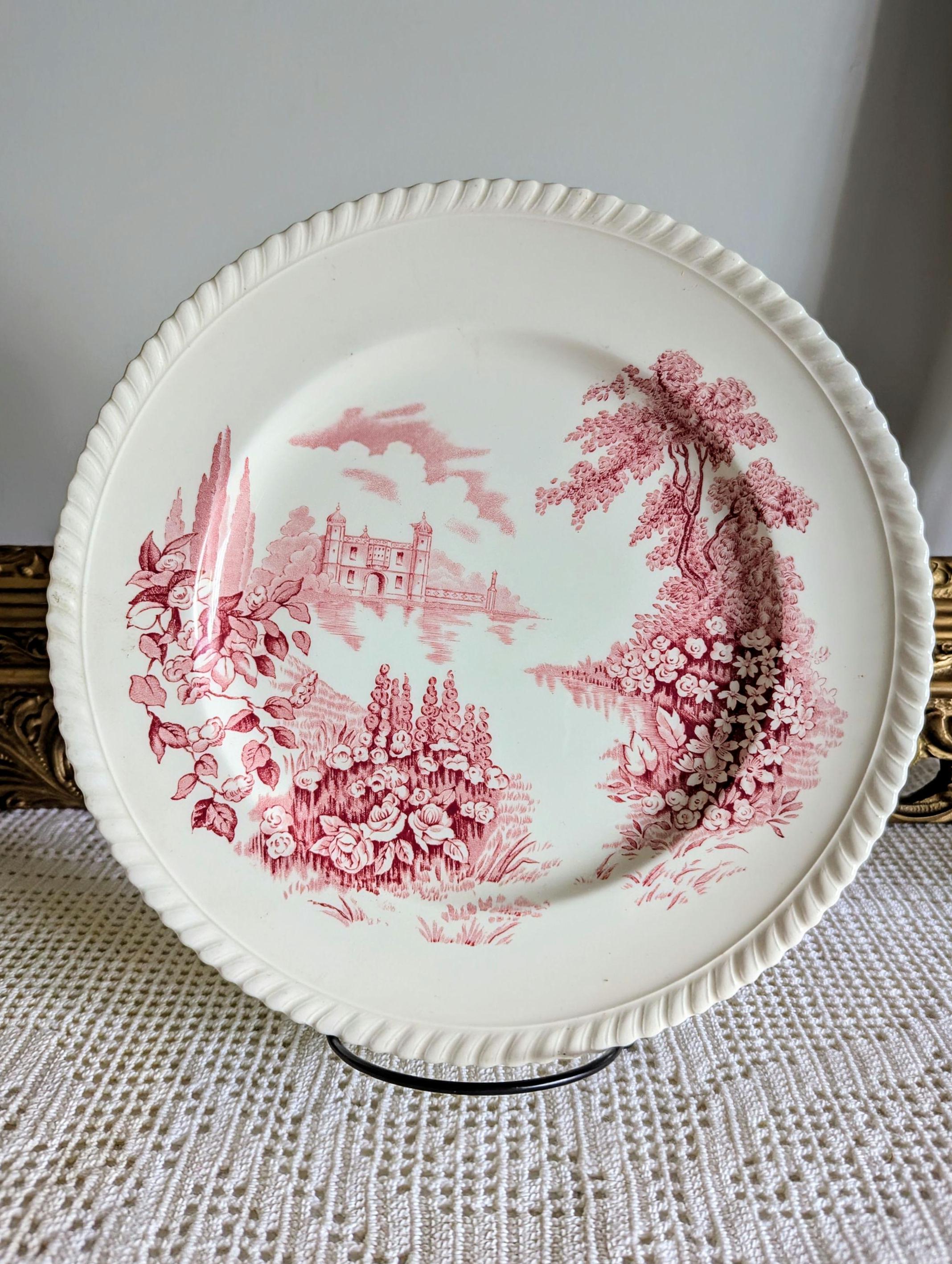 Vintage Johnson Bros Pink Red Transferware Castles on the Lake 10" Rimmed Plate, Plate Wall, Gallery Wall Decor, Cottagecore