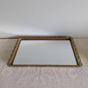 Vintage Ornate Gold Vanity Mirror Tray: Elegant Dresser Decor