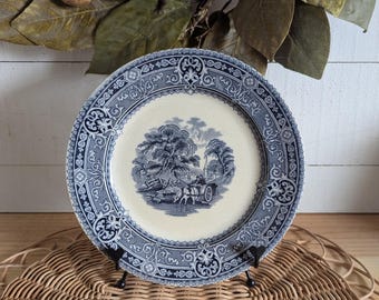 Antique Blue and White Transferware Dinner Plate 9", Woodland W.Baker & Co England, Cottagecore Home Decor