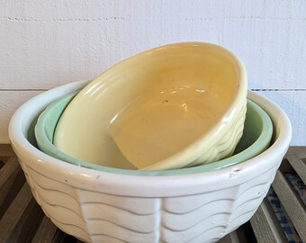 Vintage R.R.P Co Nesting Bowls, Vintage Mixing bowls, Green, Yellow and White/Cream