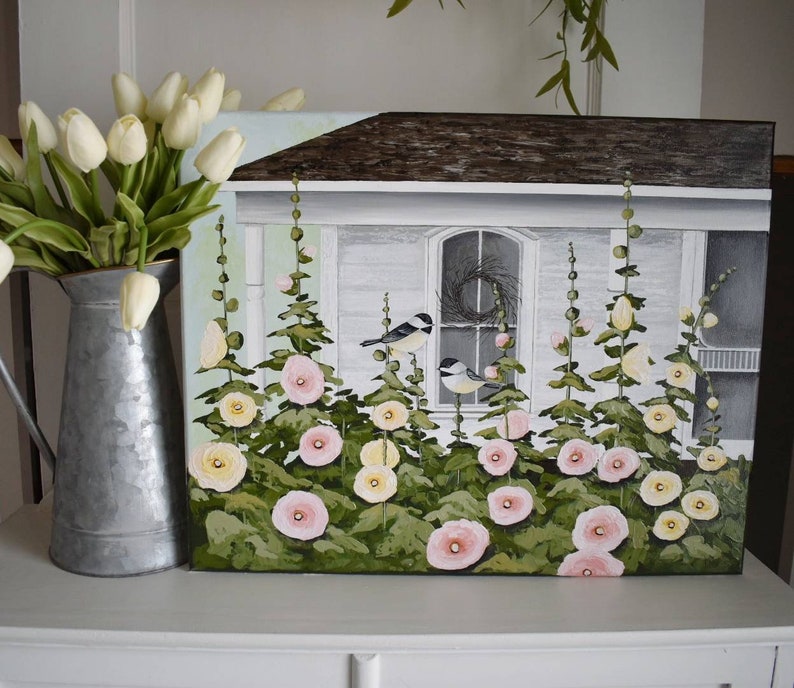 Original Acrylic Painting Front Porch and Hollyhocks Painting Farmhouse Style Painting