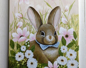 Original Acrylic Bunny in Flowers Painting, Spring Easter Bunny Painting, 16"x20", Unframed