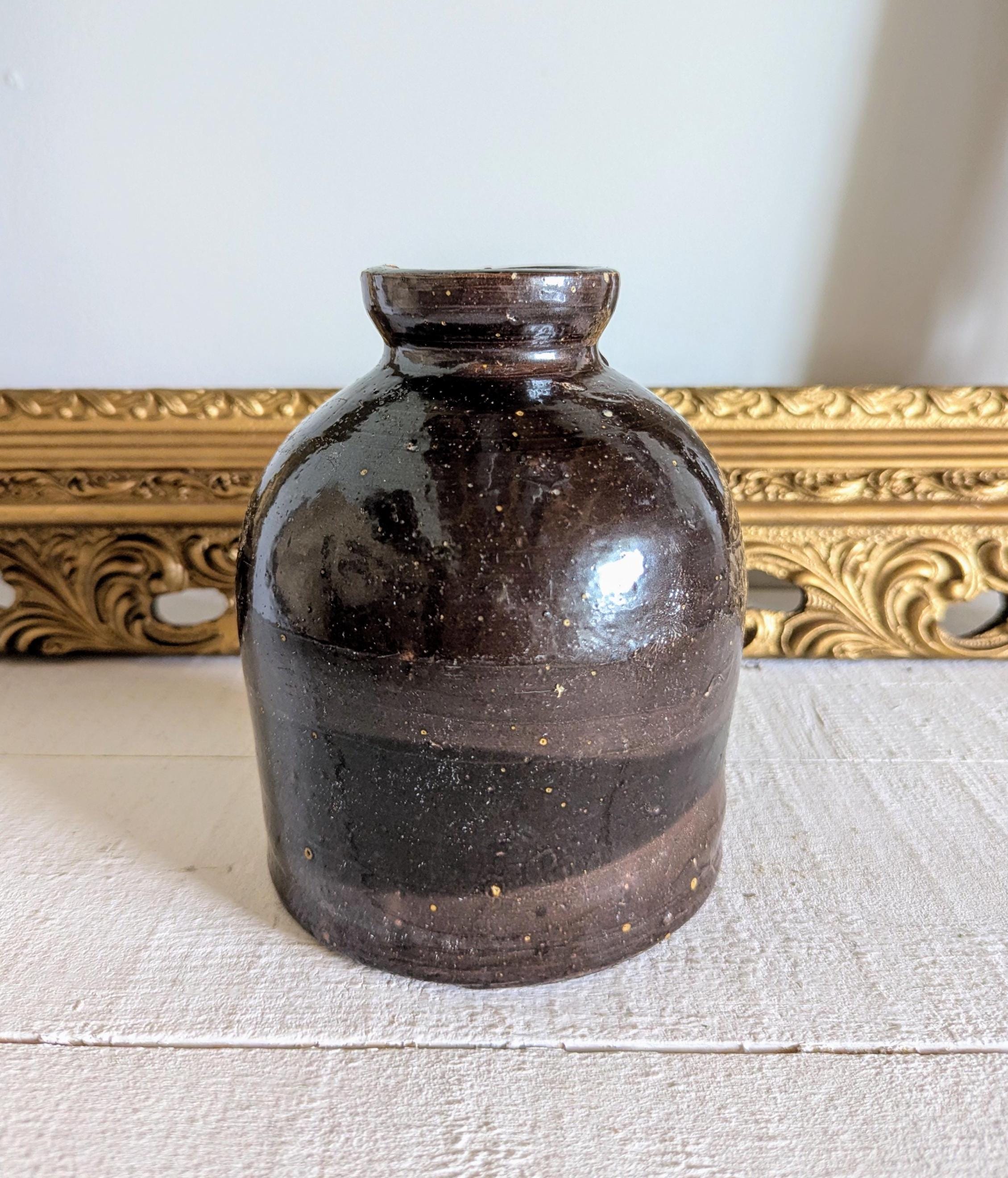 Vintage Antique Stoneware Dark Brown Crock, Country Cottage Kitchen…
