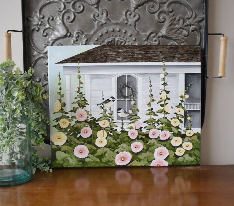 Original Acrylic Painting Front Porch and Hollyhocks Painting Farmhouse Style Painting