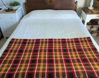 Vintage Plaid Wool Throw Blanket with Fringe: Fall Colors