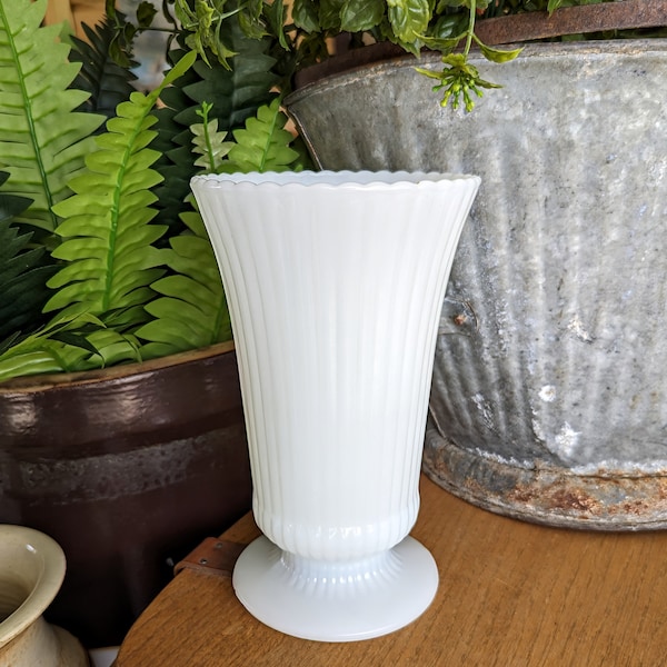 Vintage Milk Glass Vase, E.O. Brody Ribbed Pedestal Milk Glass Vase