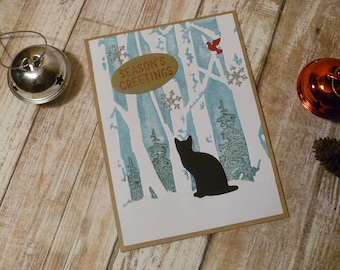 Handmade Cat Christmas Card, Black Cat Holiday Card, Cat Woodlands Christmas Card, Kitty Christmas Card, Kitty Holiday Card, Cat Christmas