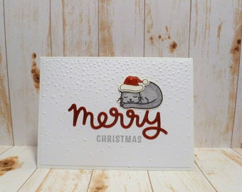 Carte de Noël de chat faite à la main, carte de vacances de chat, carte de Noël chat, carte de Noël Kitty, carte de chat du Père Noël, cadeau pour amoureux des chats, Kitty Xmas