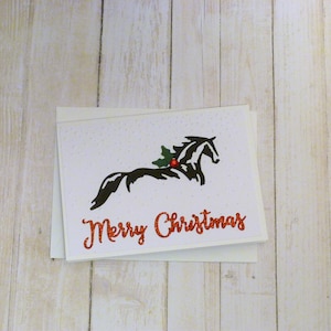 Tarjeta navideña hecha a mano con un caballo, tarjeta navideña con un caballo negro, tarjeta navideña con un caballo, regalo navideño con un caballo, regalo navideño para los amantes de los caballos