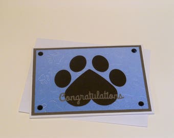Nueva tarjeta de felicitación para mascotas hecha a mano, nueva tarjeta para perros, tarjeta de adopción de perros, nueva tarjeta para gatos, tarjeta de adopción de gatos, tarjeta de adopción de mascotas, tarjeta con estampado de pata azul