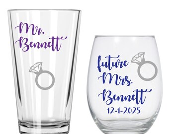 Future Mrs Glass Set of 2, Personalized Glass Set, Future Mrs Gift, Bride to Be, Engagement Gift, Gifts for Bride, Stemless Wine Glasses