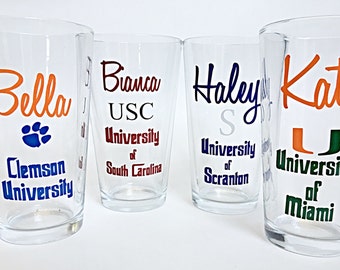 College Pint Glasses,College Beer Glass, Personalized College Glass, College Pint Glass, Beer Pint Glass, Graduation Glass, College Glass