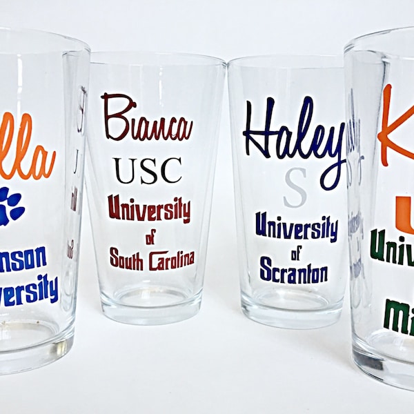 College Pint Glasses,College Beer Glass, Personalized College Glass, College Pint Glass, Beer Pint Glass, Graduation Glass, College Glass