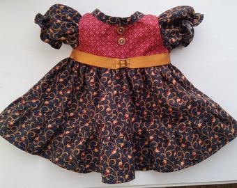 Poppenkleertjes kool patch, knielange jurk 16 inch marineblauw/goud/bordeaux, CPK handgemaakte poppenkleding, Build-a-Bear-jurk