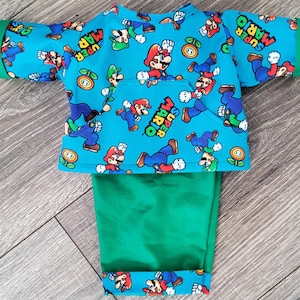 Cabbage Patch Doll Clothes, 16 Inch Size Boys/Girls Mario Brothers Pocket Shirt and Pants 2-piece Set, CPK Doll Clothing, Free Shipping