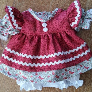 RESERVED for ERIN: Cabbage Patch Doll Clothes, 16 Inch Size Burgundy/Gray-Green Butterfly Pinafore 2-piece Dress and Bloomers