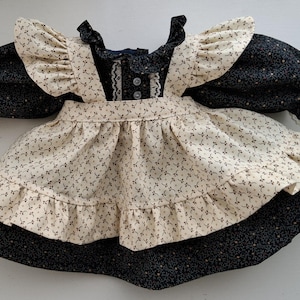 Cabbage Patch Doll Clothes, 16 Inch Size Navy/Gold/Rust/Cream Dainty Flowers Knee-length Dress and Pinafore, CPK Handmade Doll Clothing