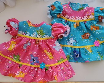 Cabbage Patch dockkläder, handgjorda 16-tums tvilling-/systerklänning i rosa/blågrönt, Care Bear, CPK dockkläder, fri frakt
