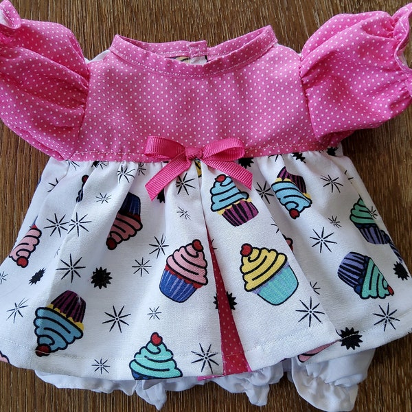 14 Inch Cabbage Patch Doll Clothes, Pink Dots and Cupcakes 2-piece Dress and Bloomers Set, CPK Preemie/Play Along Clothing, Free Shipping