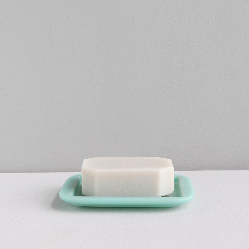 danish pastel fused glass self draining soap dish pistachio green with soap