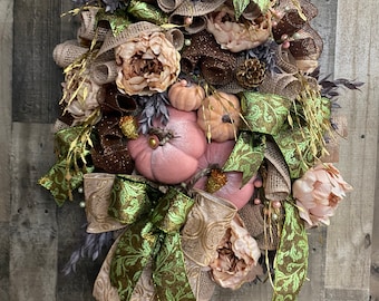 Fall wall swag, Autumn wreath for door, Fall Green and Pink Swag, Thanksgiving Wreath, Autumn Decor,  Fall Wreath, Pumpkin Wreath