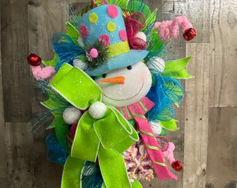 Winter Snowman Wreath, Whimsical Snowman Front Door Wreath, Snowman Wreath, Holiday Wreath, Blue Snowman, Christmas Wreath, Front Door Decor