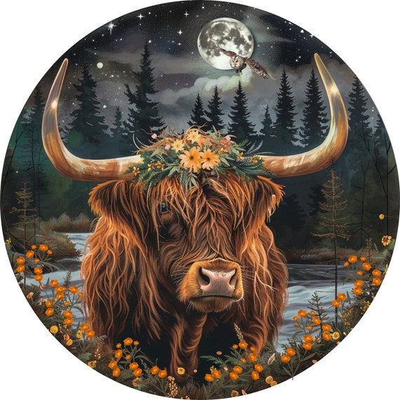Painted Highland cow in a moonlit pine forest