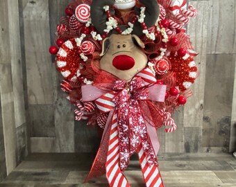 Rudolph Wreath, Christmas Wreath, Holiday Wreath, Rudolph Decor, Christmas Reindeer Wreath, Reindeer Wreath,