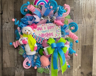 Candyland Christmas, Whimsical Christmas, Candyland Wreath, Snowgirl Wreath, Christmas Decor, Sweet Christmas, Holiday Home Decor,