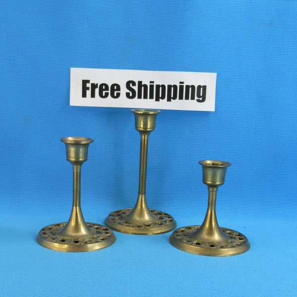 Vintage Brass Candle Holders, Matching Set 3, Candle Holders, Chambersticks, Graduated Holder, Free Shipping