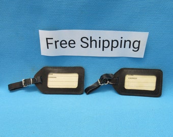 vintage 2 Étiquettes de bagages en cuir, Noir, Nouveau Vieux Stock, Lot of 2, Suitcase Travel Name Tag Strap, Livraison gratuite