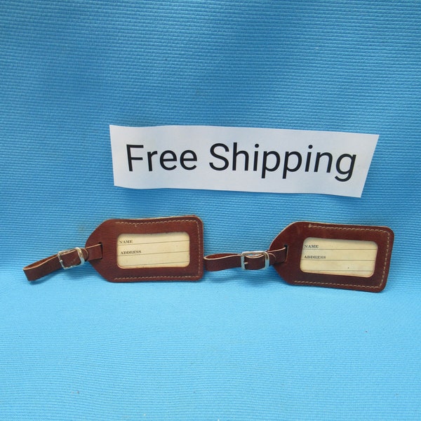 Vintage 2 Leather Luggage Tags, New Old Stock, Lot of 2, Suitcase Travel Name Tag Strap, Free Shipping