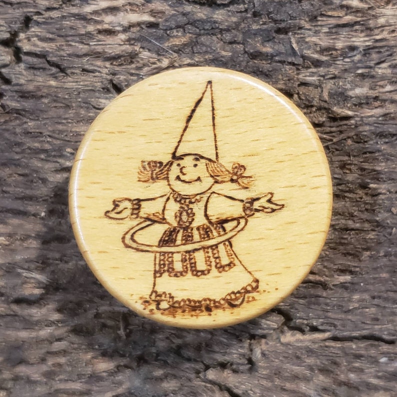 Hula-Hooping Gnome pyrography pin