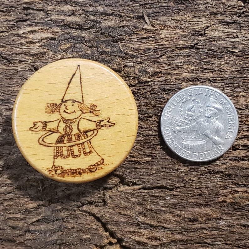 Hula-Hooping Gnome pyrography pin