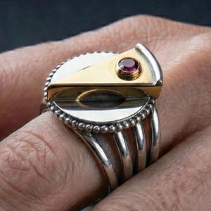 Sterling Silver Cheesecake Ring with Ruby Cherry, Handmade Statement Jewelry