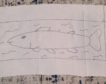 Salmon Fish Rug Hooking Pattern- Primitive Folk Art Desgin on Monks Cloth- Edges Sewn