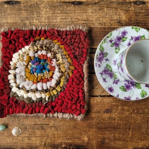 Hooked Rug Coaster For Coffee or Tea, Upcycled Wool Fiber (Choose a Color) Home Decor, Rug Hooking