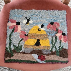 Cottagecore Bee Garden Handmade Rug Hooking | Primitive Farmhouse Beehive & Echinacea Fiber Art Wall Hanging