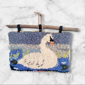 Swan and Lily Pad Rug Hooking Wall Hanging- Textile Folk Art on Driftwood, Handcrafted Wool Fiber Art 12 x 7