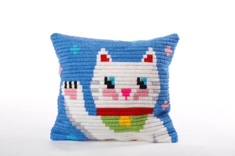 DIY Needlepoint pillow kits Ignites kids' creativity Craft a cozy needlepoint pillow. Eco friendly cardboard suitcase included. Maneki-Neko Cat