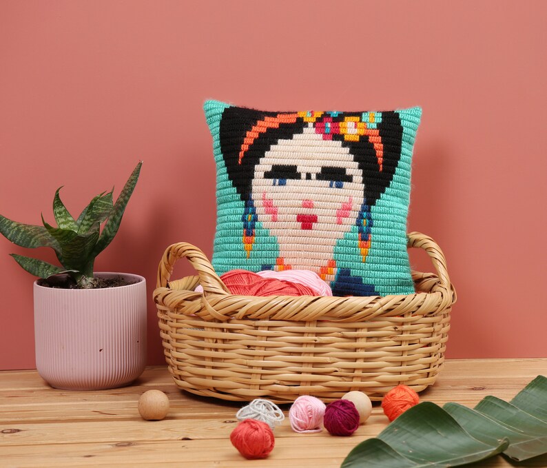 DIY Needlepoint pillow kits Ignites kids' creativity Craft a cozy needlepoint pillow. Eco friendly cardboard suitcase included. Frida Kahlo