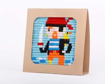 Needlepoint kit for beginners. Easier than cross stitch. Eco friendly display frame included.